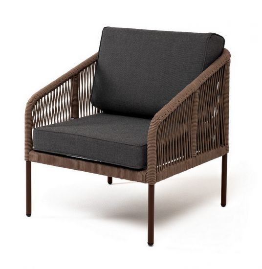 "Канны" кресло плетеное из роупа, каркас алюминий коричневый (RAL8016), роуп коричневый круглый, тка