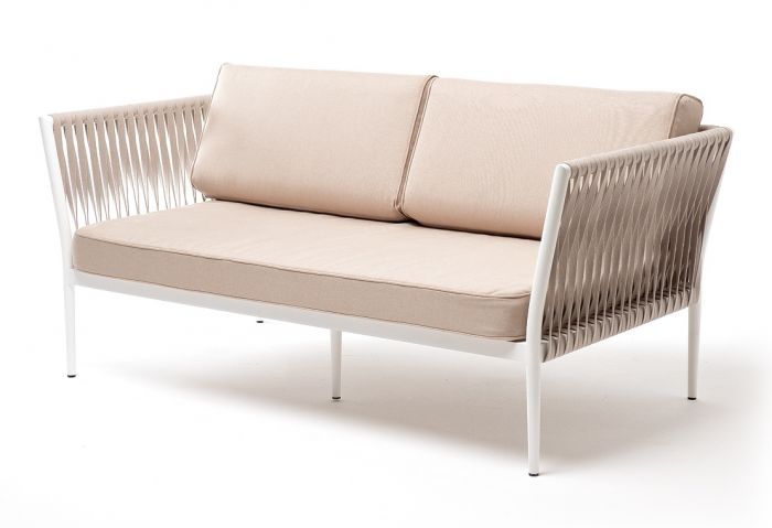 "Касабланка" диван 2-местный плетеный из роупа, каркас алюминий белый муар, роуп бежевый 20мм, ткань