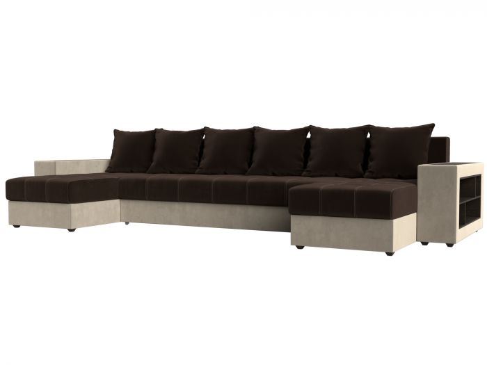 110598R П-образный диван Дубай полки справа | Микровельвет | Коричневый | Бежевый