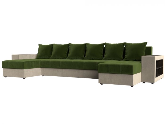 110599R П-образный диван Дубай полки справа | Микровельвет | Зеленый | Бежевый
