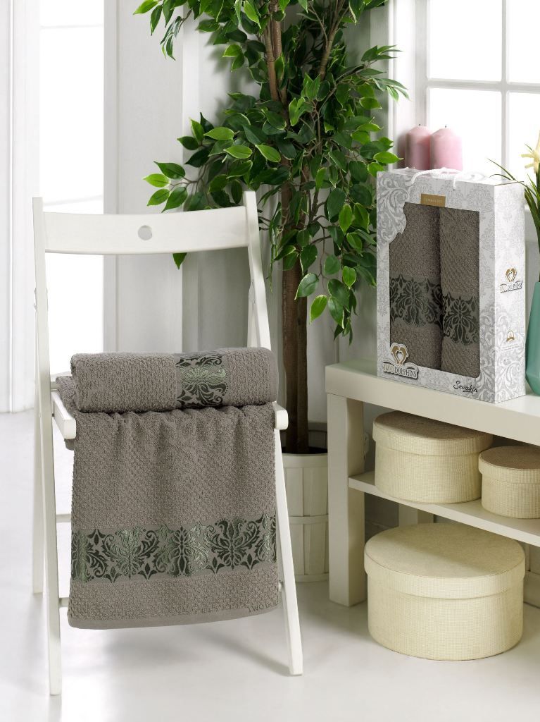 10238-Серый SEVAKIN махра (50х90+70х140 ) в коробке Набор полотенец TWO DOLPHINS