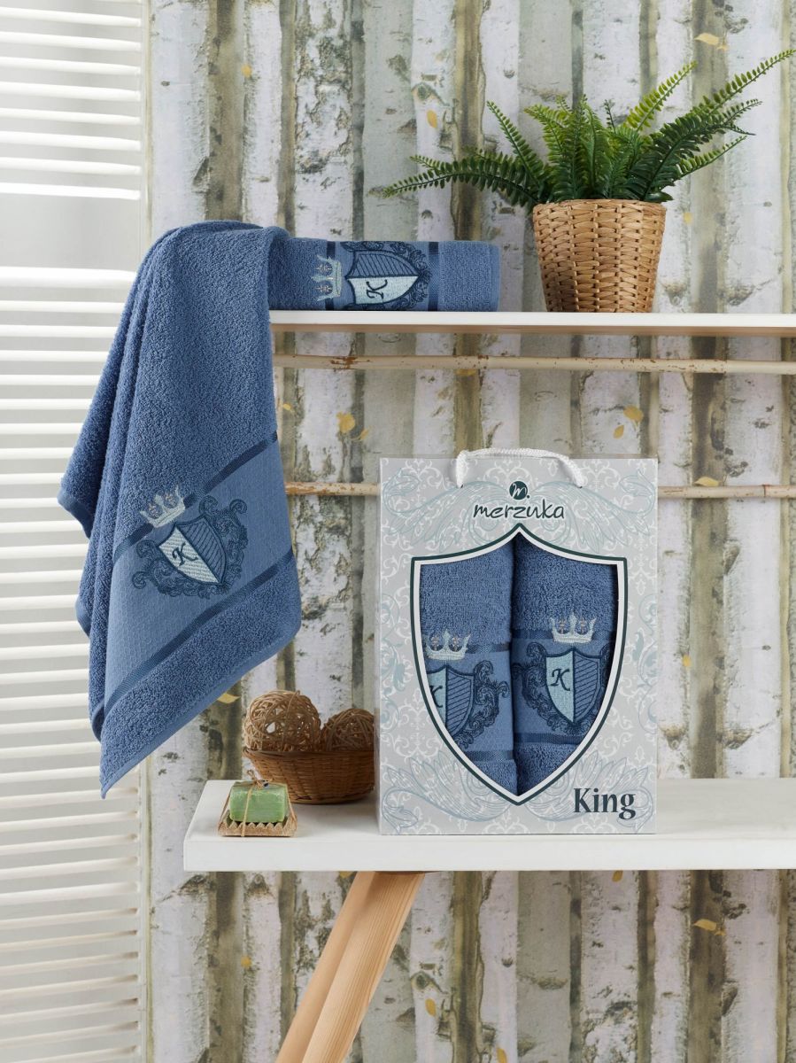 10544 Темно-голубой KING махра (50х90+70х140 ) в коробке Набор полотенец MERZUKA