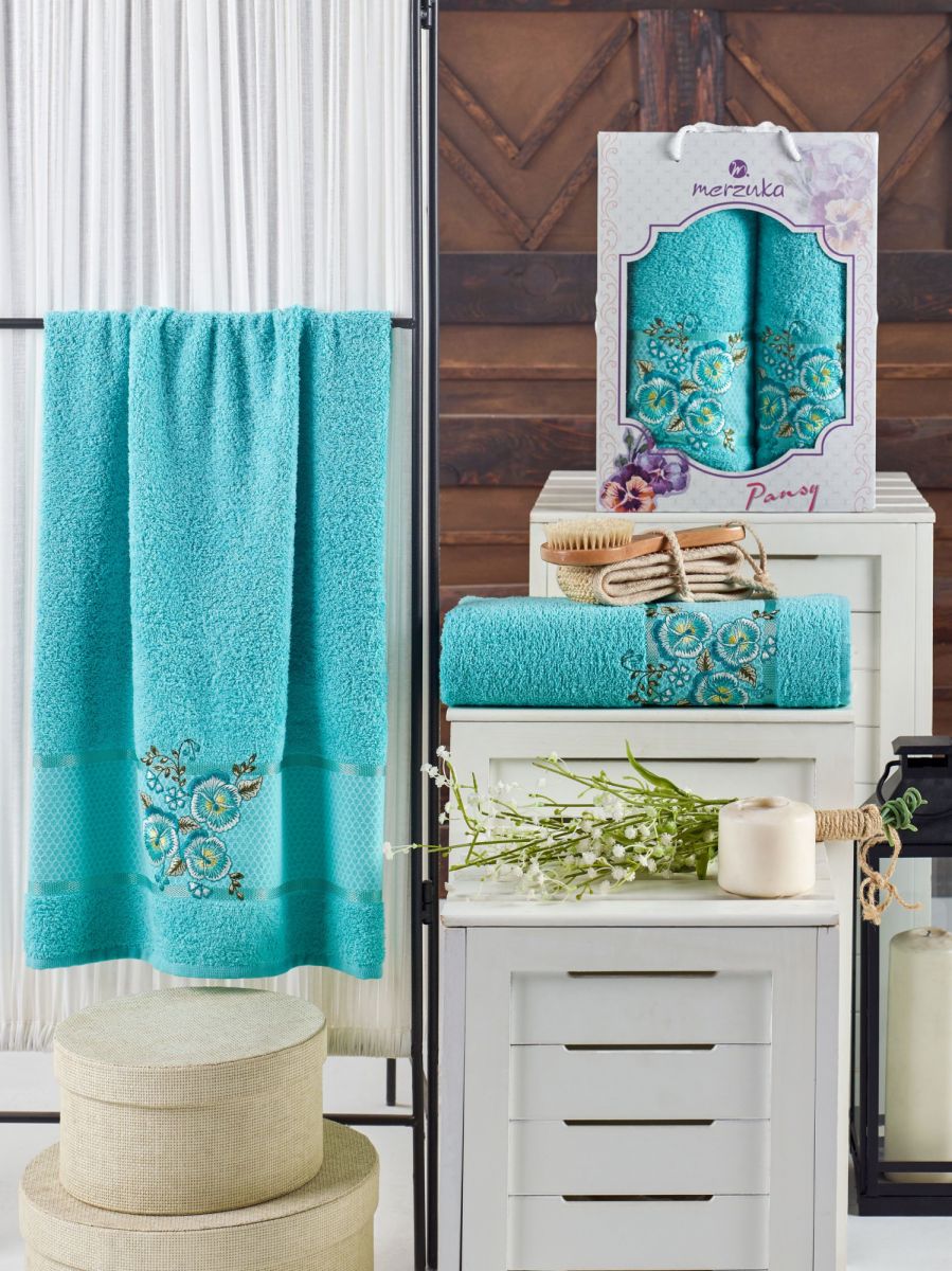 10683 Бирюзовый PANSY (50х90+70х140 ) в коробке набор полотенец MERZUKA