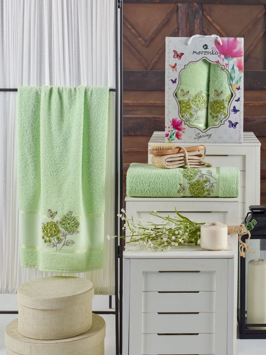 10690 Фисташковый SPRING махра (50х90+70х140 ) в коробке Набор полотенец TWO DOLPHINS