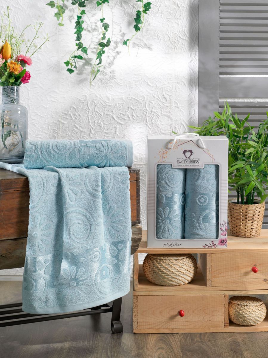 10911 Бирюза ASKABAT махра (50х90+70х140 ) Набор полотенец в коробке TWO DOLPHINS