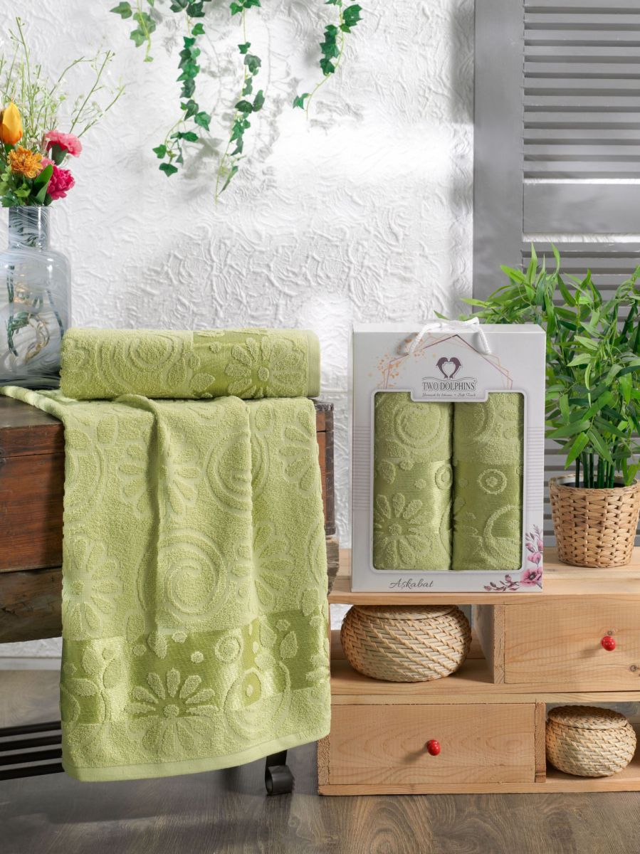 10911 Фисташковый ASKABAT махра (50х90+70х140 ) Набор полотенец в коробке TWO DOLPHINS
