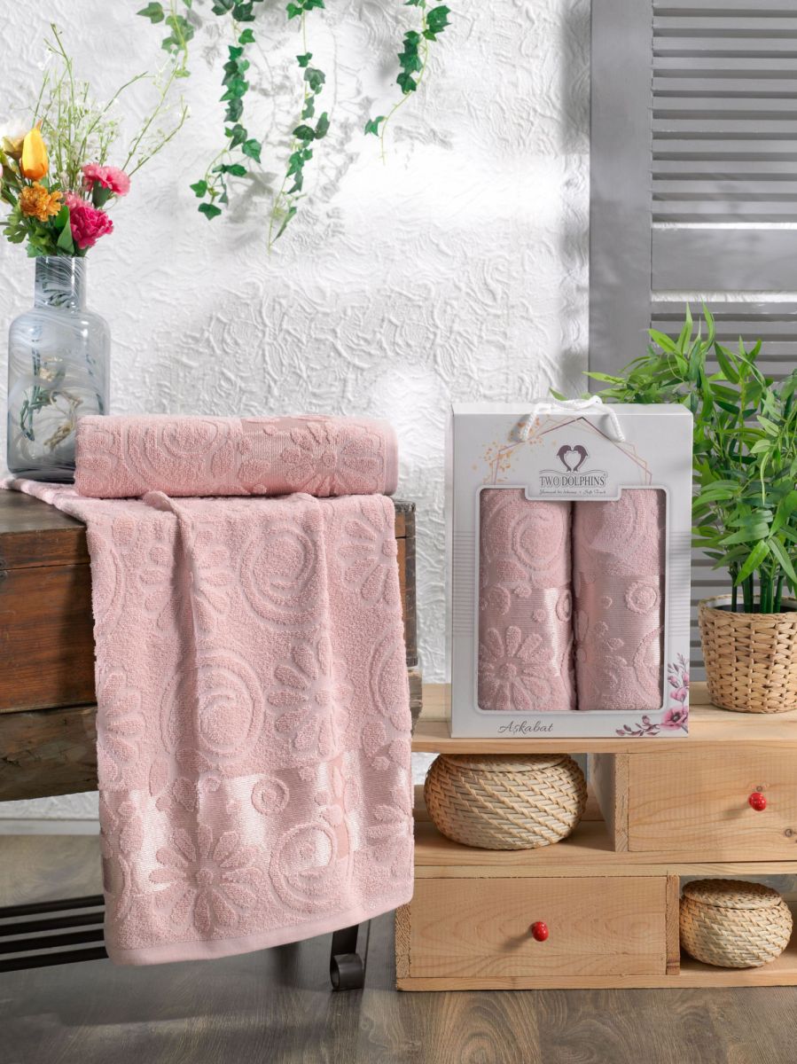 10911 Пудра ASKABAT махра (50х90+70х140 ) Набор полотенец в коробке TWO DOLPHINS
