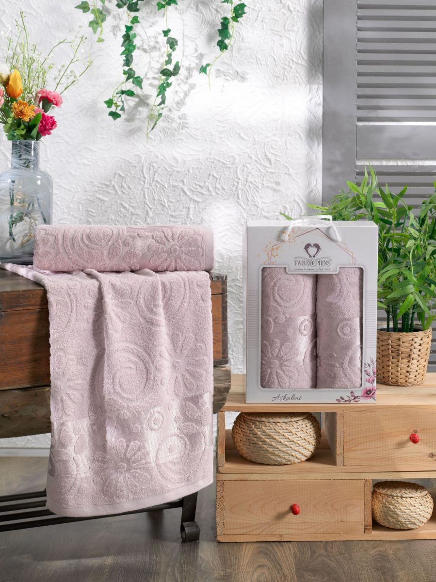 10911 Светло-розовый ASKABAT махра (50х90+70х140 ) Набор полотенец в коробке TWO DOLPHINS