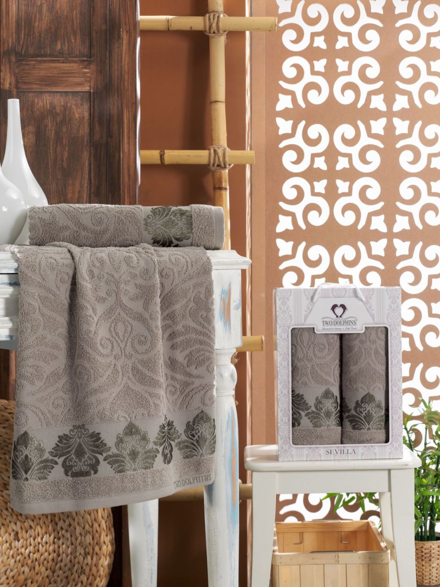 10917 Серый SEVILLA махра (50х90+70х140 ) в коробке Набор полотенец TWO DOLPHINS