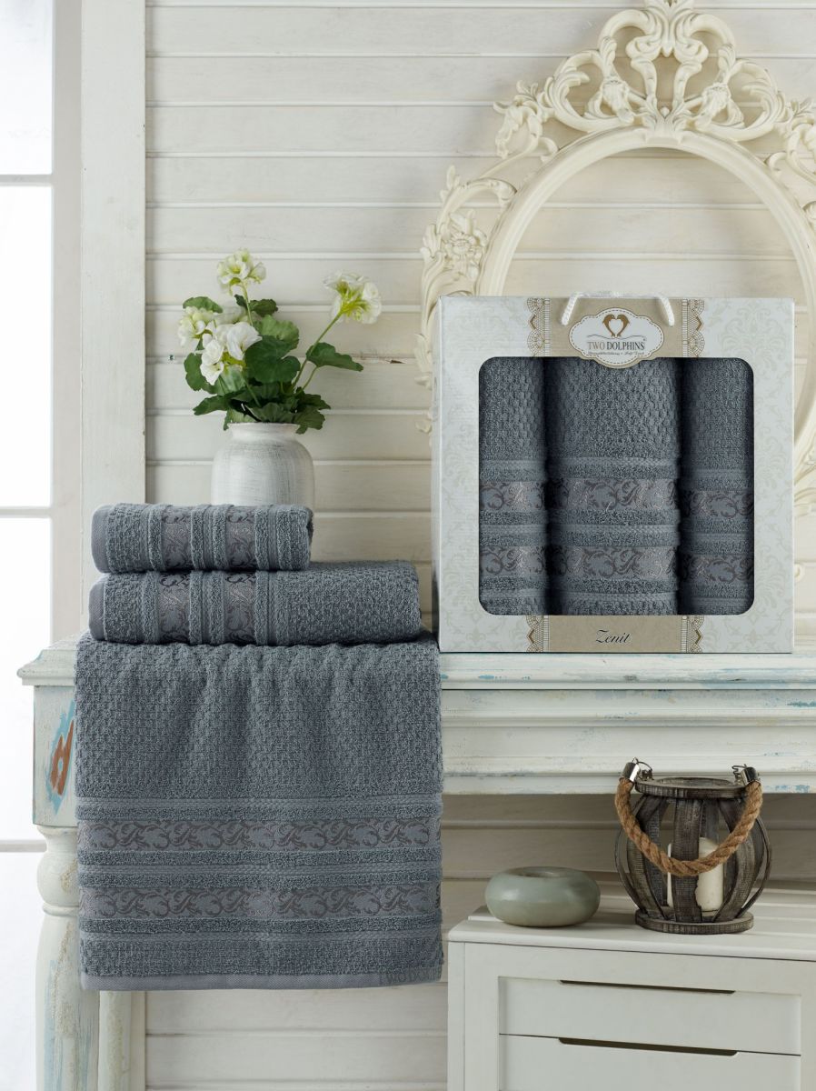 9647 Серый ZENIT махра (50х90х2шт+70х140 ) Набор полотенец в коробке TWO DOLPHINS