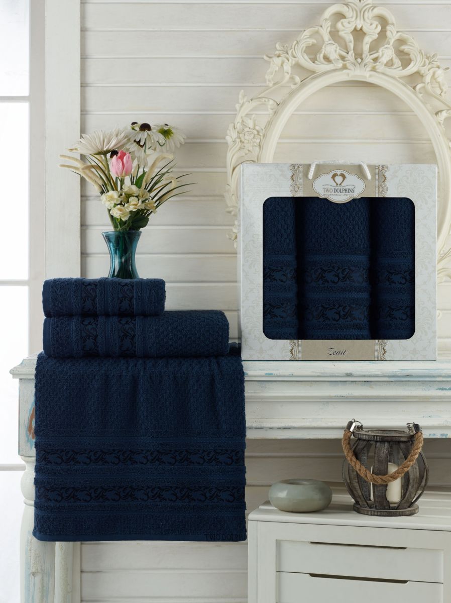 9647 Синий ZENIT махра (50х90х2шт+70х140 ) Набор полотенец в коробке TWO DOLPHINS