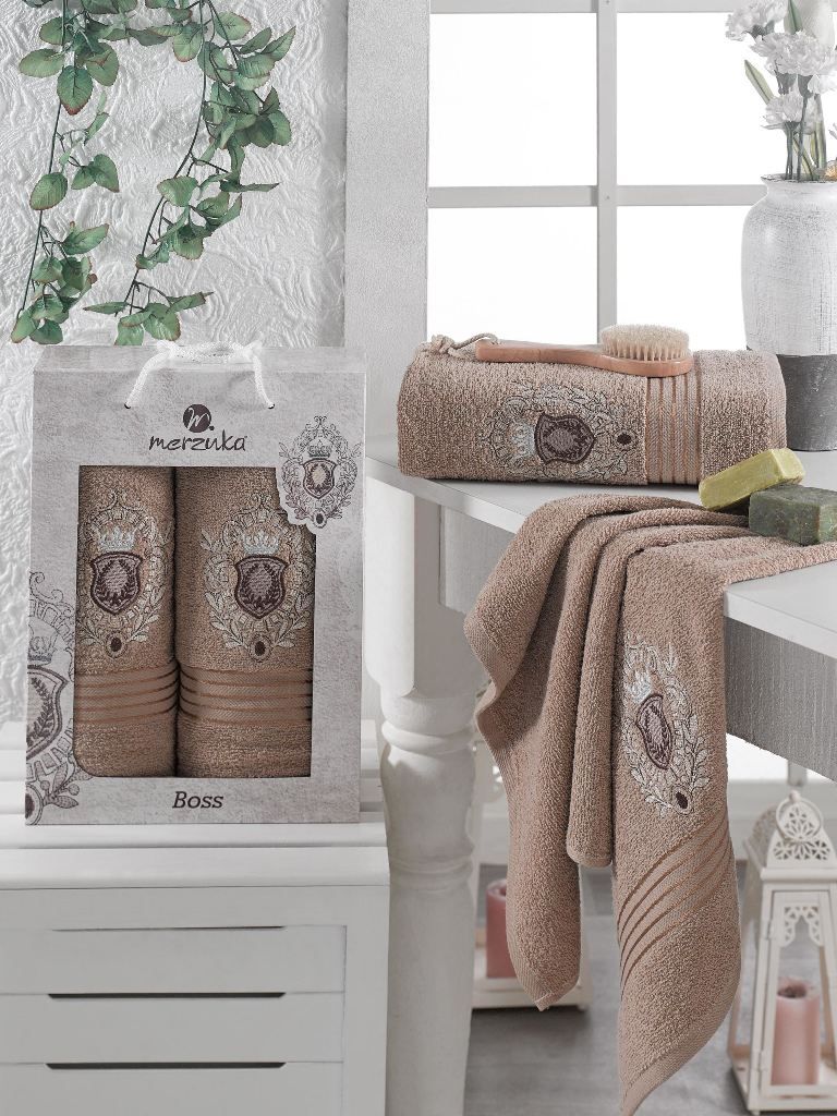 9807 Коричневый BOSS махра (50х90+70х130 ) в коробке Набор полотенец MERZUKA