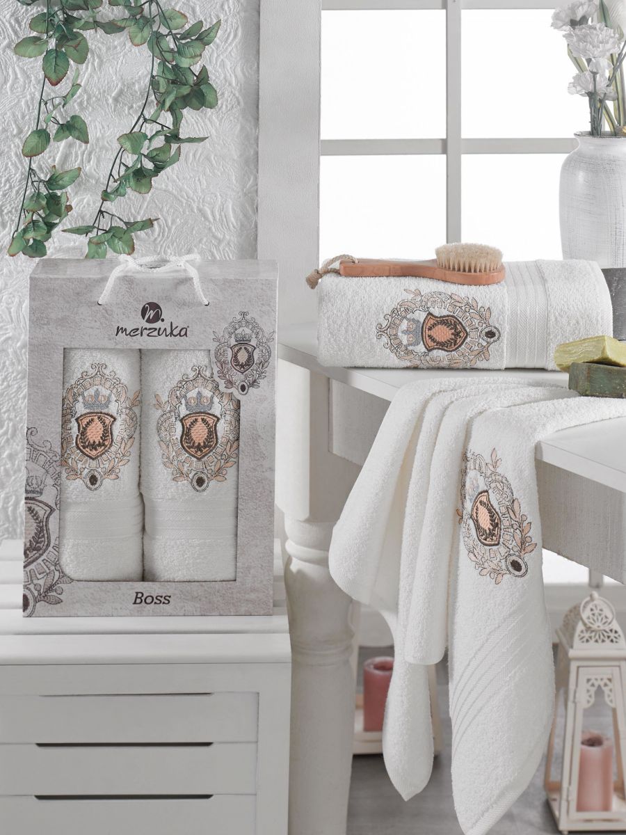 9807 Кремовый BOSS махра (50х90+70х130 ) в коробке Набор полотенец MERZUKA