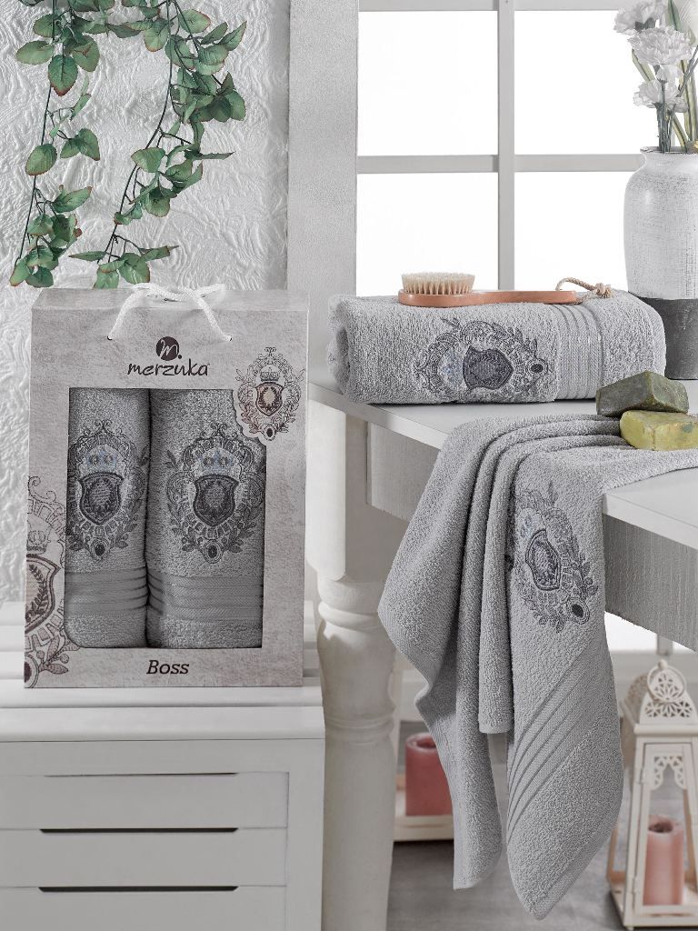 9807 Серый BOSS махра (50х90+70х130 ) в коробке Набор полотенец MERZUKA