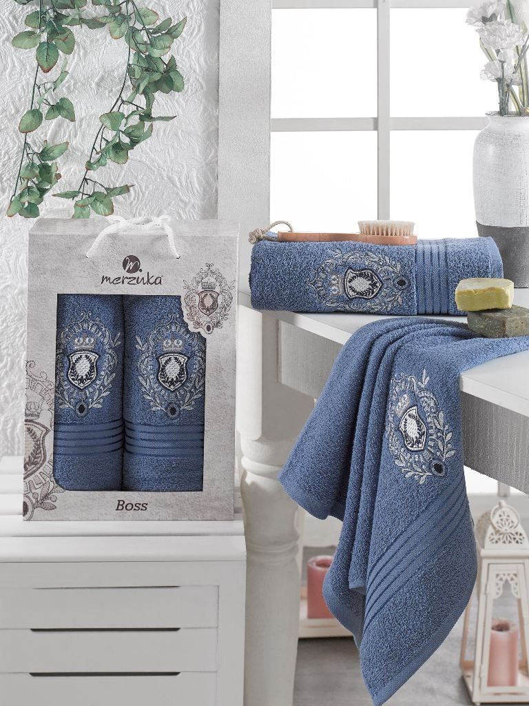 9807 Темно-голубой BOSS махра (50х90+70х130 ) в коробке Набор полотенец MERZUKA