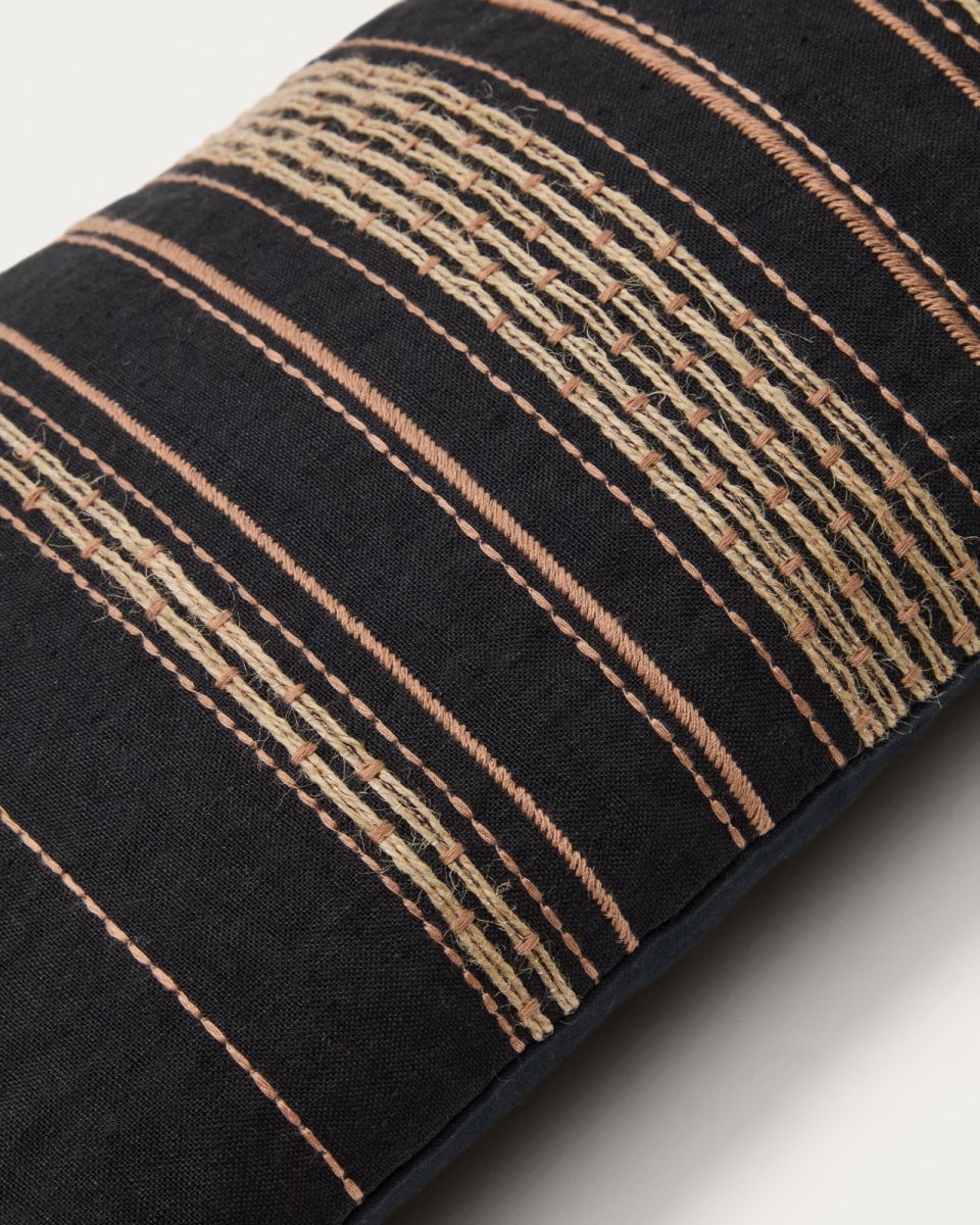 Чехол для подушки Sairu из льна с вышивкой из чёрного цвета с бежевой вышивкой 30 x 50 см