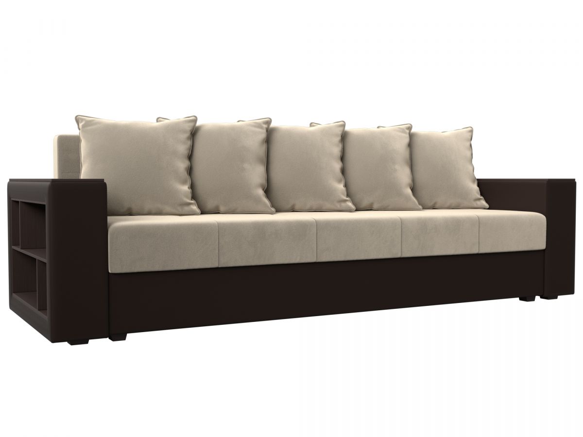 114426L Диван прямой Дубай Лайт полки слева | микровельвет, экокожа | бежевый, коричневый