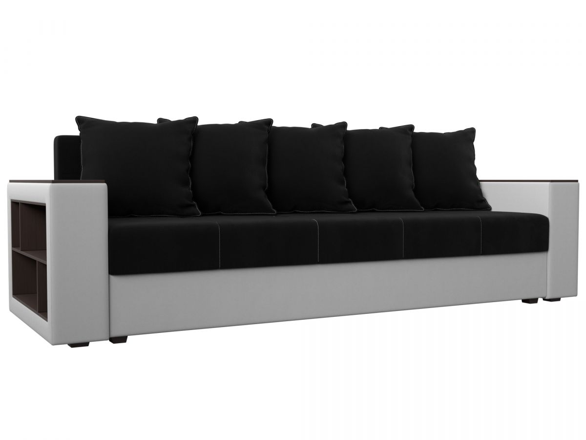 114329L Диван прямой Дубай Лайт полки слева | микровельвет, экокожа | черный, белый