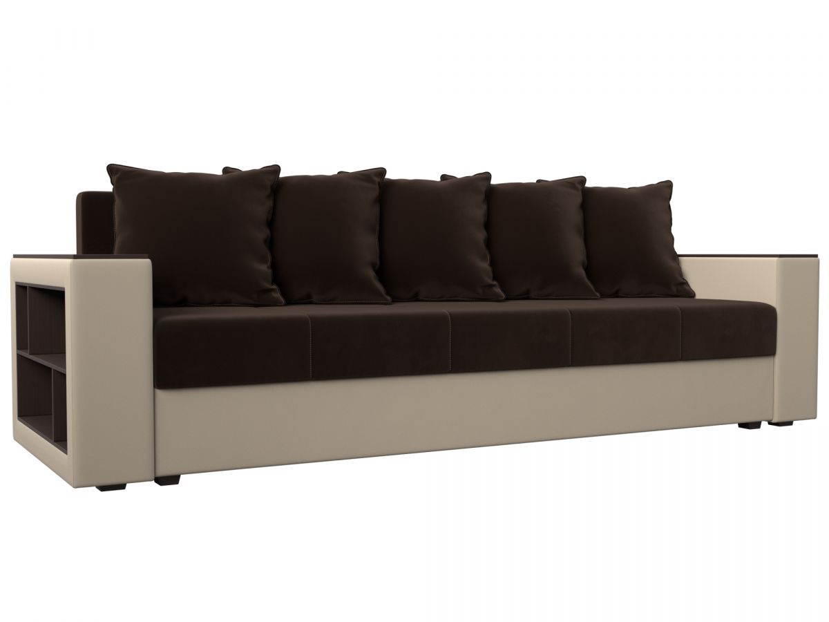 114327L Диван прямой Дубай Лайт полки слева | микровельвет, экокожа | коричневый, бежевый