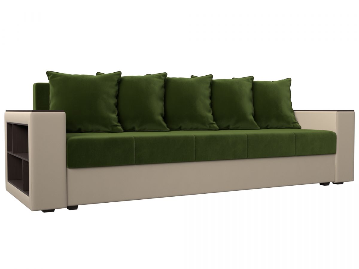 114427L Диван прямой Дубай Лайт полки слева | микровельвет, экокожа | зеленый, бежевый