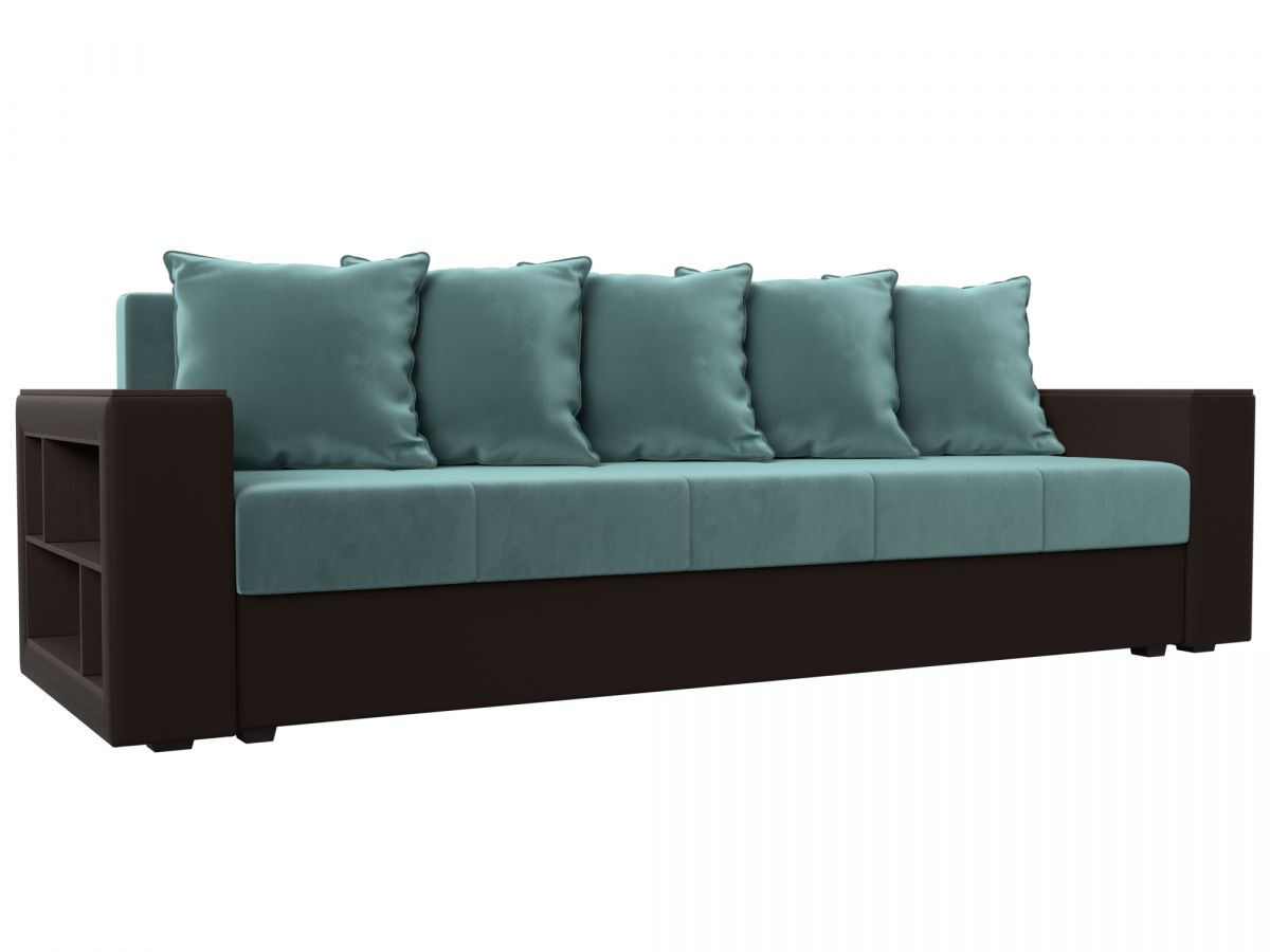 114374L Диван прямой Дубай Лайт полки слева | велюр, экокожа | бирюзовый, коричневый
