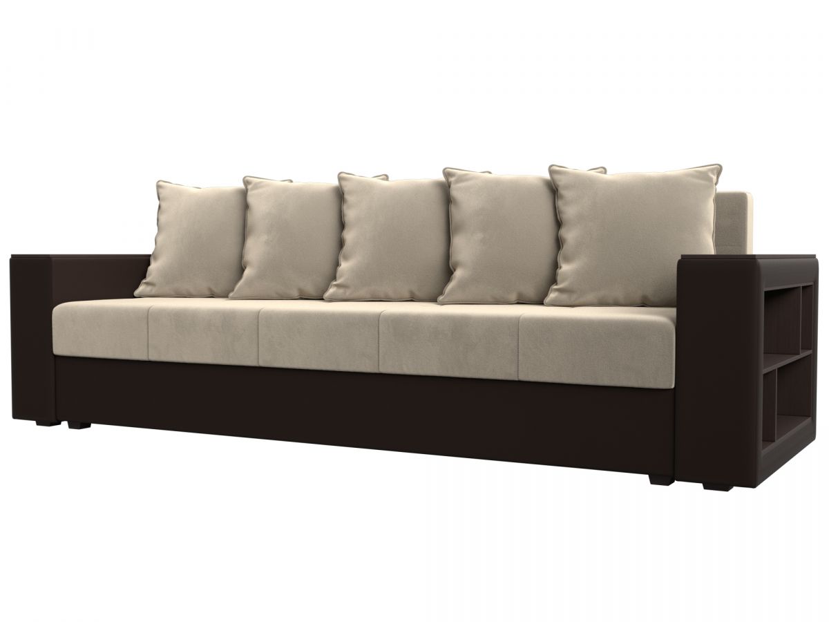 114429 Диван прямой Дубай Лайт полки справа | микровельвет, экокожа | бежевый, коричневый