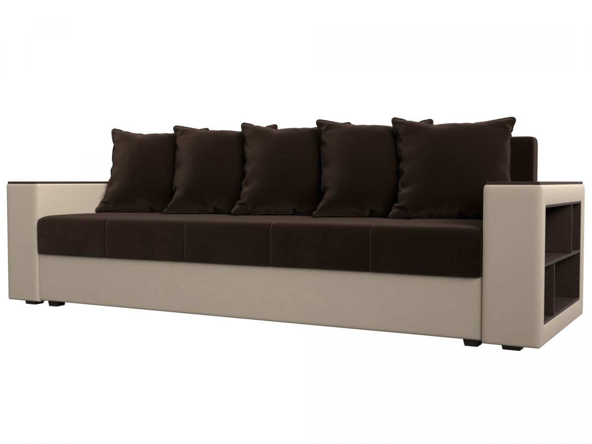 114328 Диван прямой Дубай Лайт полки справа | микровельвет, экокожа | коричневый, бежевый