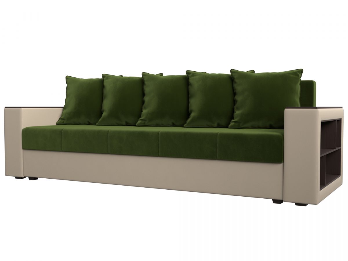 114327 Диван прямой Дубай Лайт полки справа | микровельвет, экокожа | зеленый, бежевый