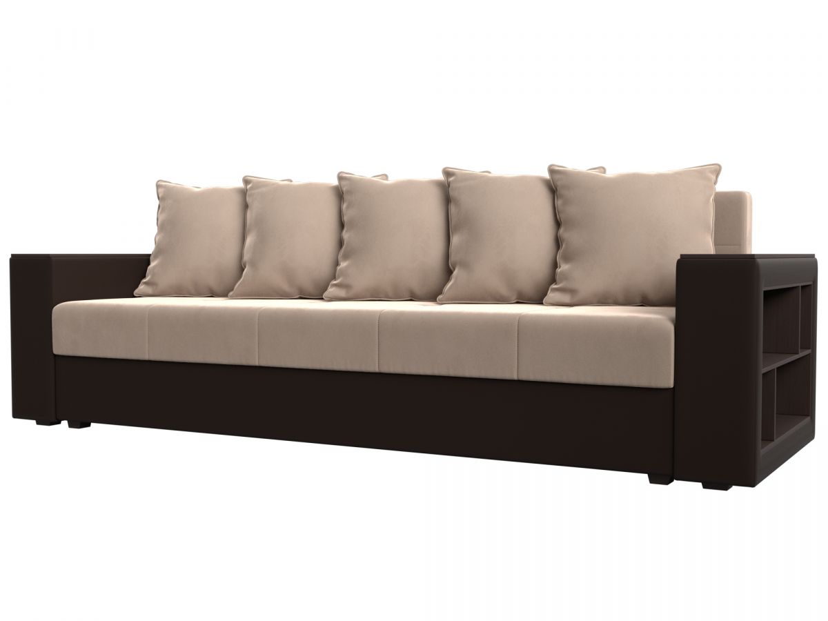 114425 Диван прямой Дубай Лайт полки справа | велюр, экокожа | бежевый, коричневый