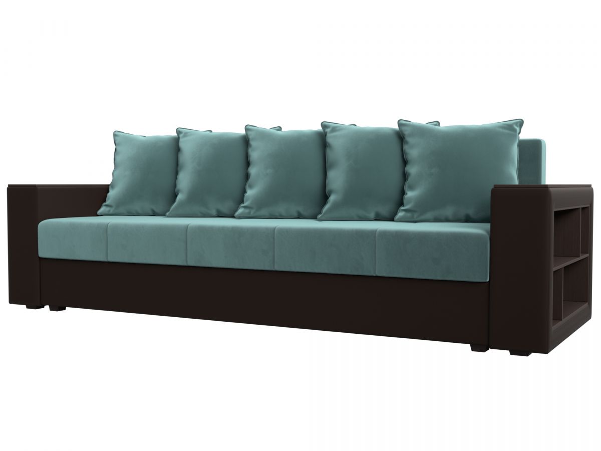 114375 Диван прямой Дубай Лайт полки справа | велюр, экокожа | бирюзовый, коричневый