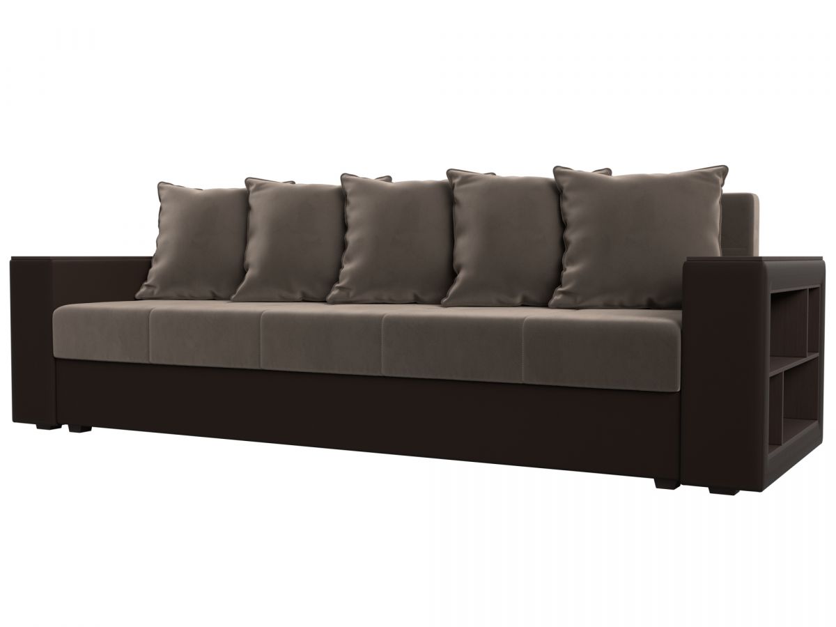 114374 Диван прямой Дубай Лайт полки справа | велюр, экокожа | коричневый, коричневый