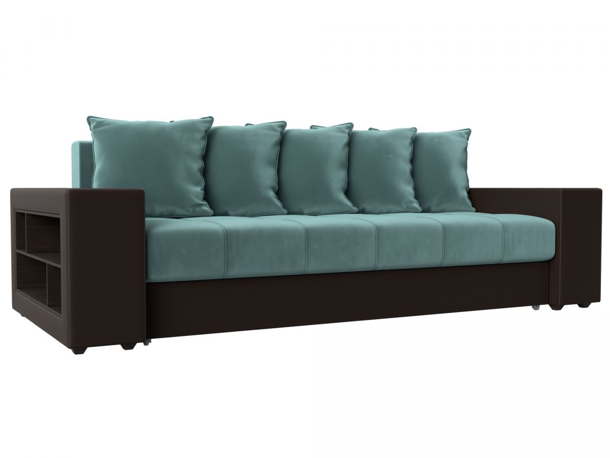 110571 Диван прямой Дубай полки слева | велюр, экокожа | бирюзовый, коричневый