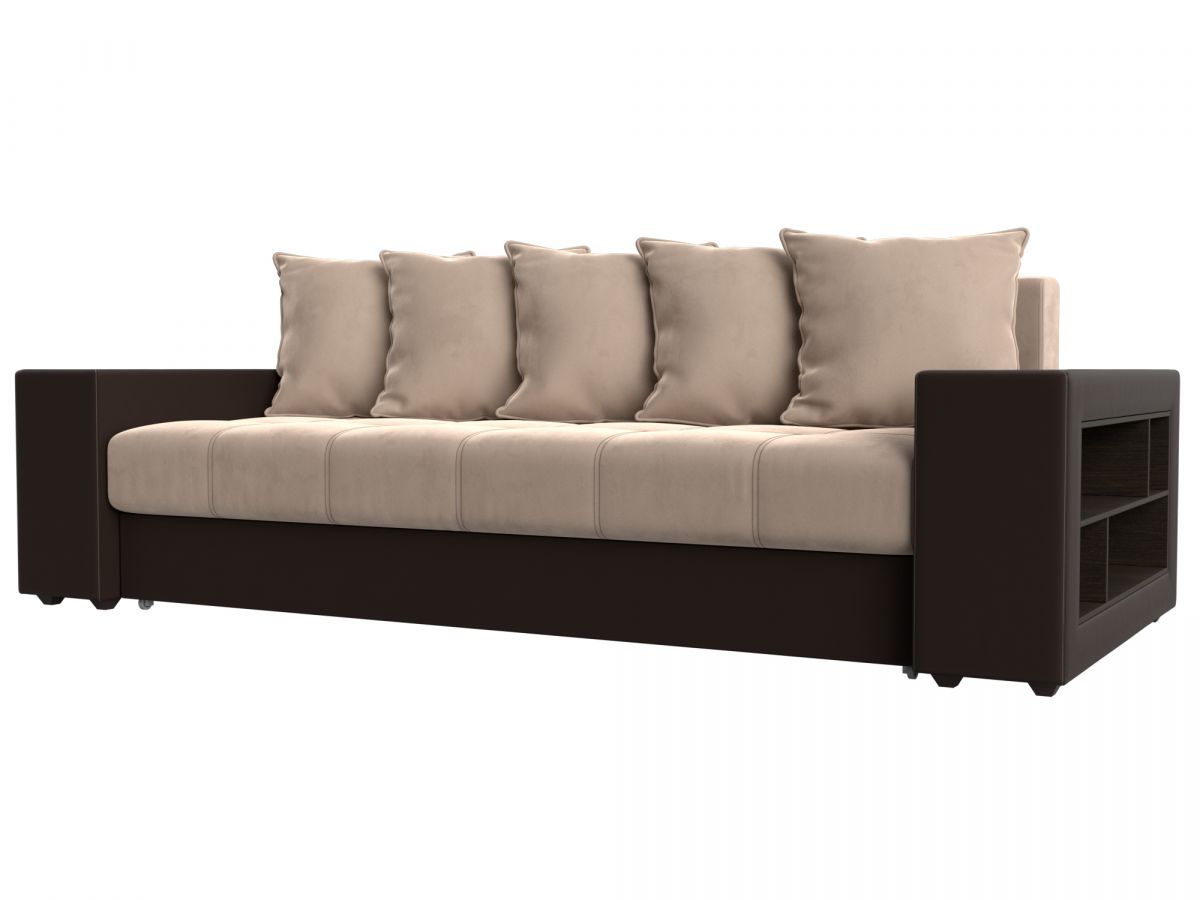 110573R Диван прямой Дубай полки справа | велюр, экокожа | бежевый, коричневый
