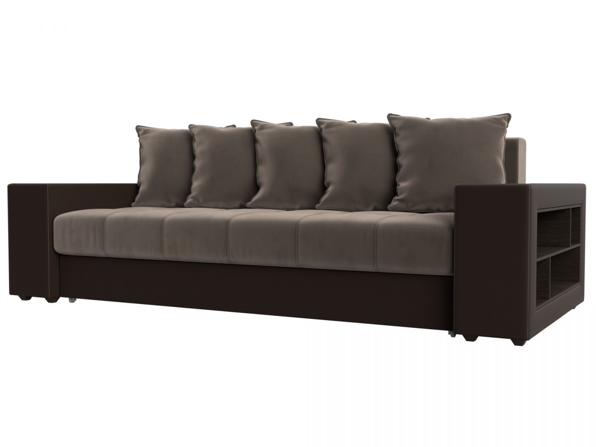 110570R Диван прямой Дубай полки справа | велюр, экокожа | коричневый, коричневый