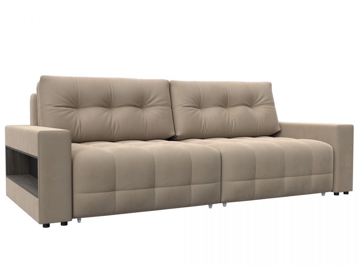 128889 Диван прямой с полками Лига-053 НПБ | велюр | seven 729 бежевый