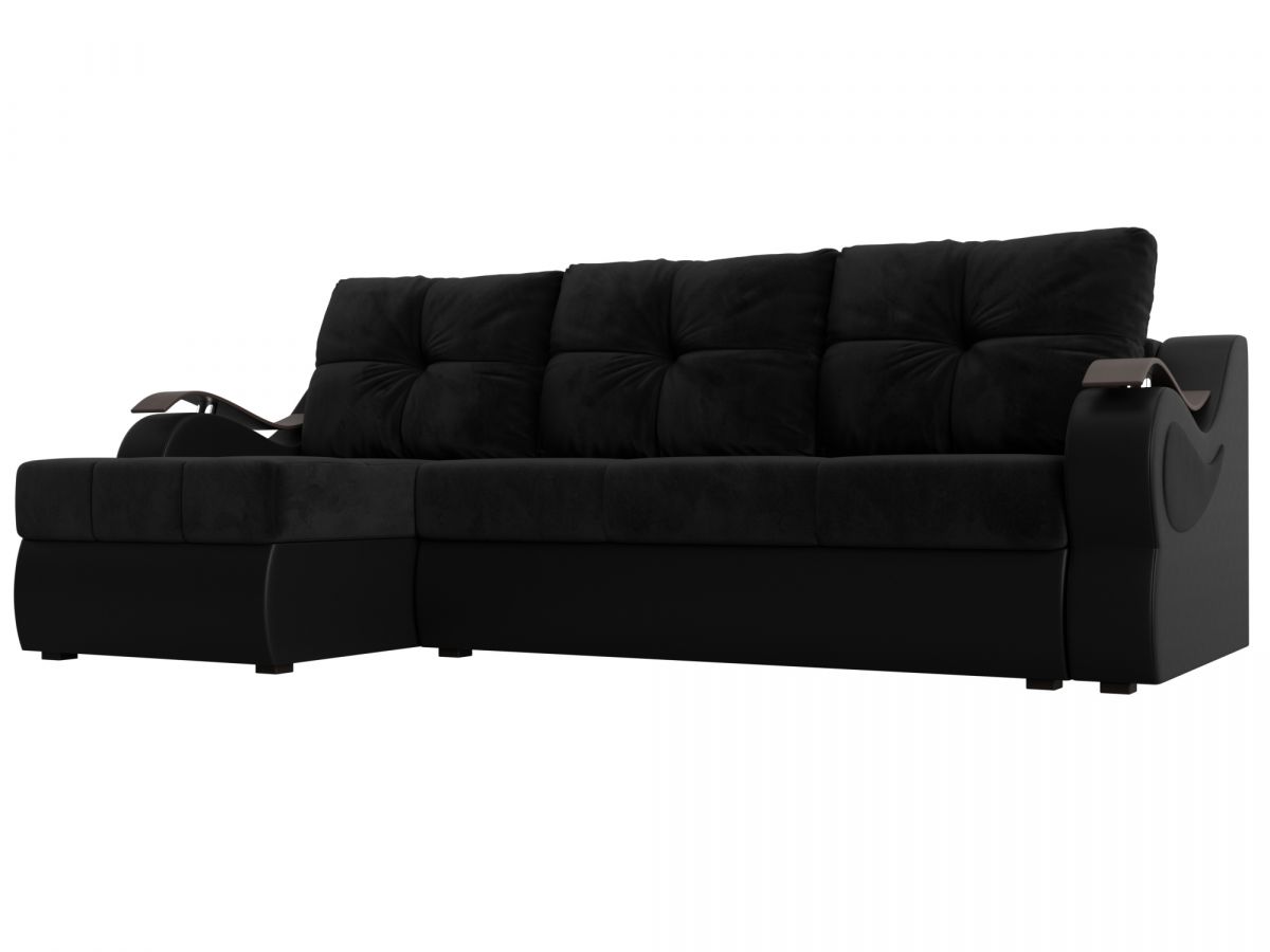106413L Диван угловой Меркурий левый угол | велюр, экокожа | черный, черный