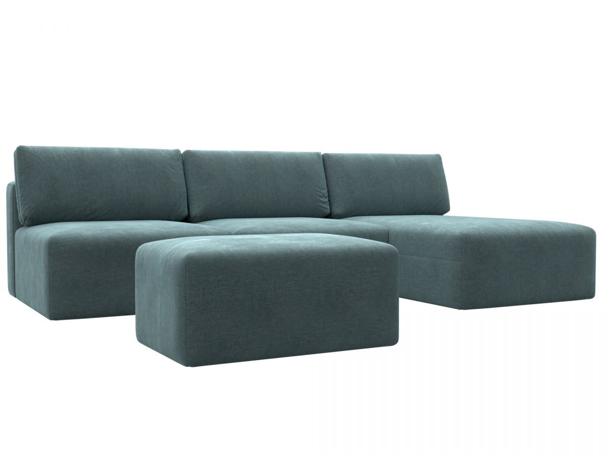 129519 Диван угловой модульный с пуфом Лига-060 НПБ Лонг угол универсальный | шенилл | rimini 11 серо-зеленый