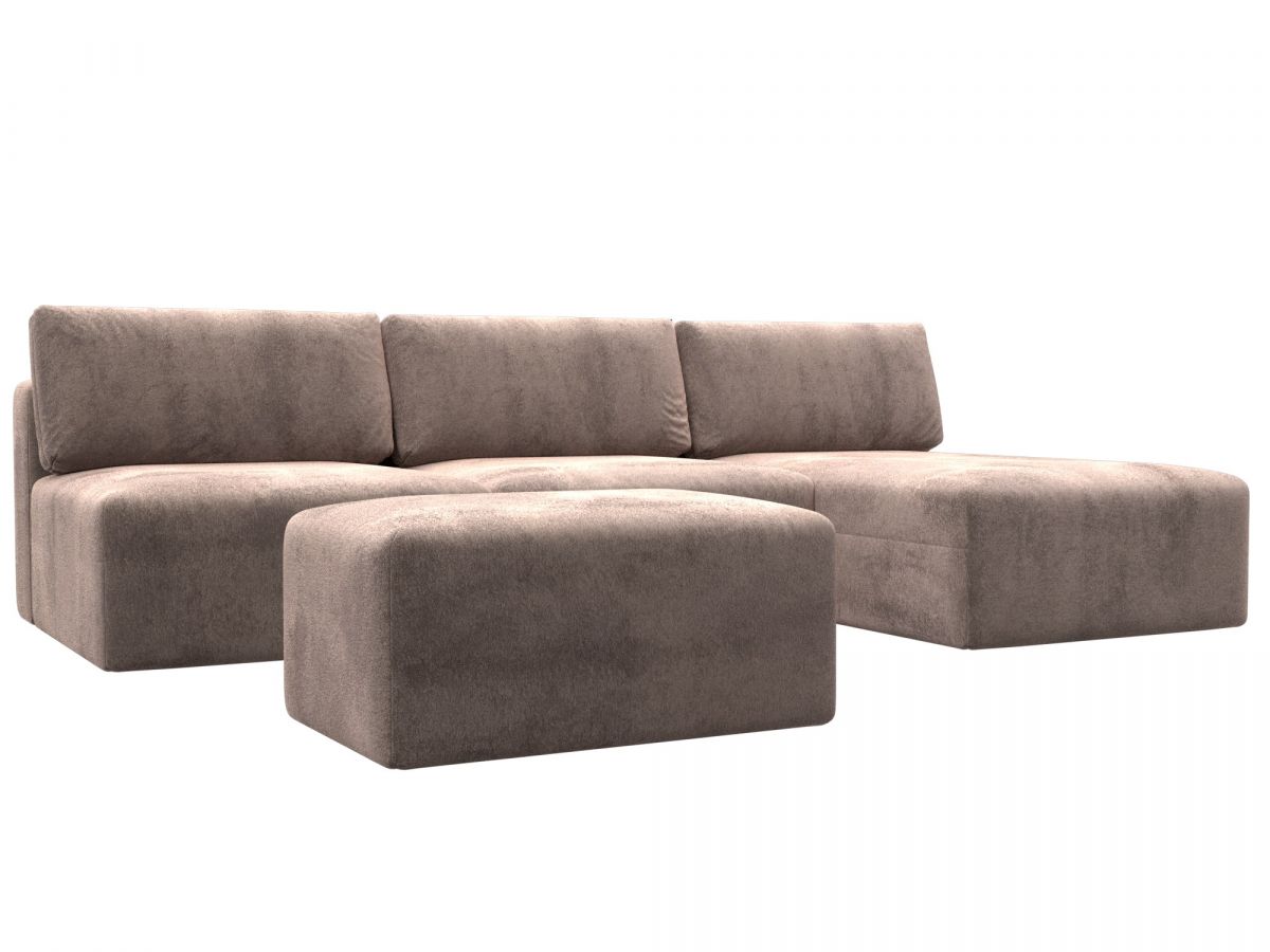 129513 Диван угловой модульный с пуфом Лига-060 НПБ Лонг угол универсальный | велюр | tower 05 бежевый