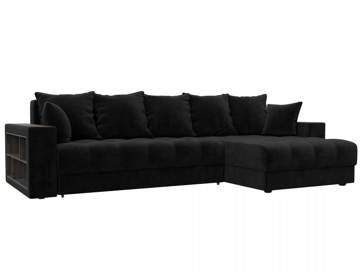 128596 Диван угловой с декором и полкой Лига-050 НПБ | велюр | seven 35 черный