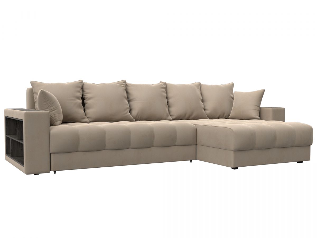 128591 Диван угловой с декором и полкой Лига-050 НПБ | велюр | seven 729 бежевый