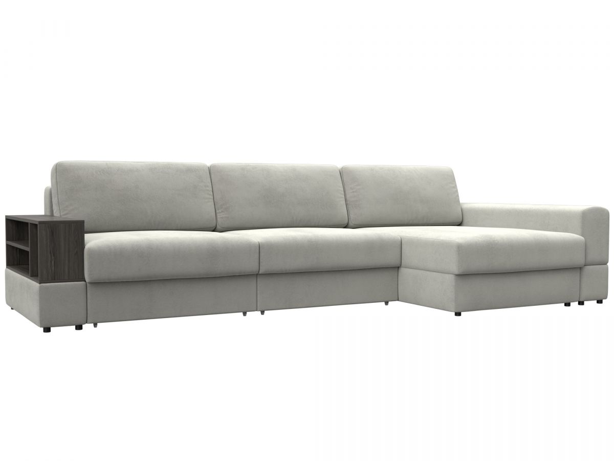 129103 Диван угловой с полкой Лига-055 НПБ Лонг угол универсальный | велюр | tower 01 молочный