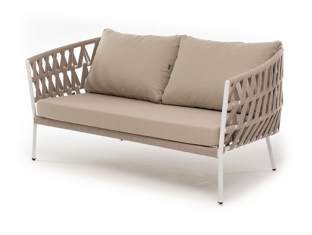 "Диего" диван 2-местный плетеный из роупа, каркас алюминий белый муар, роуп бежевый круглый, ткань б