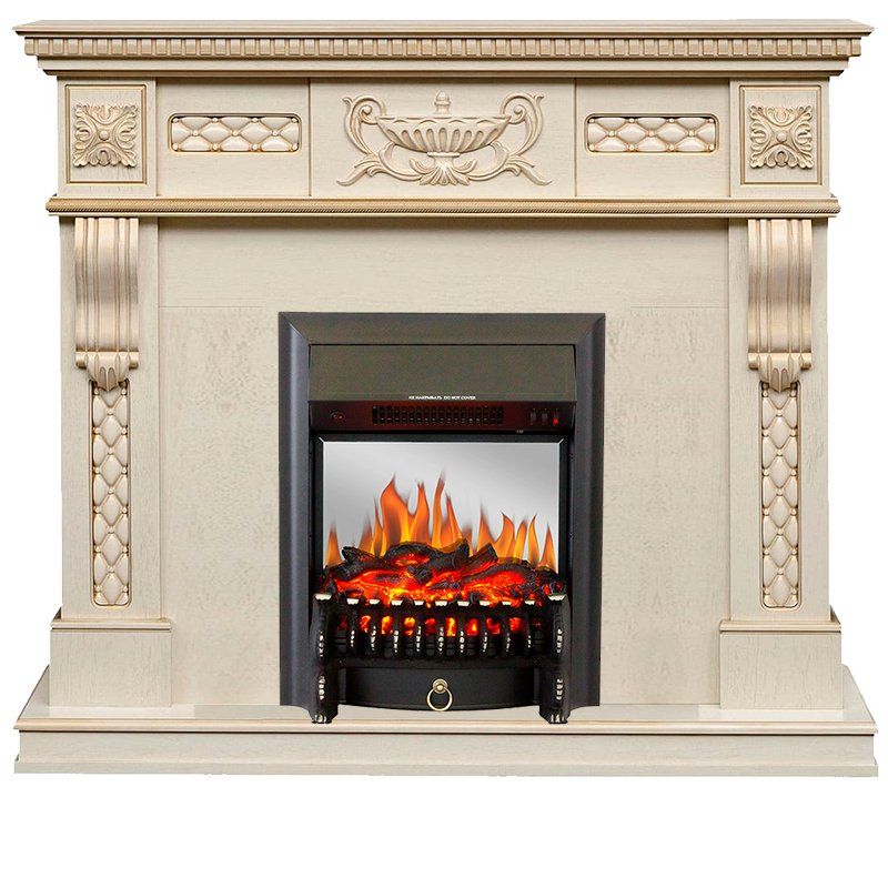 Каминокомплект Corsica - Слоновая кость с патиной (Ширина 1100) с очагом Fobos FX M Black,27202k26917