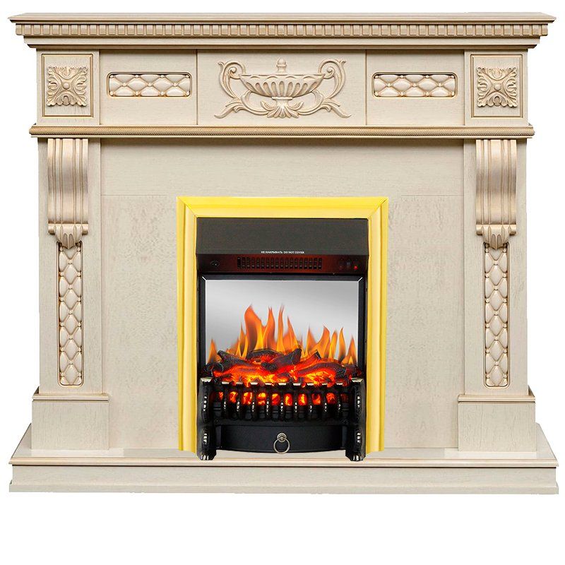 Каминокомплект Corsica - Слоновая кость с патиной (Ширина 1100) с очагом Fobos FX M Brass,27202k26918