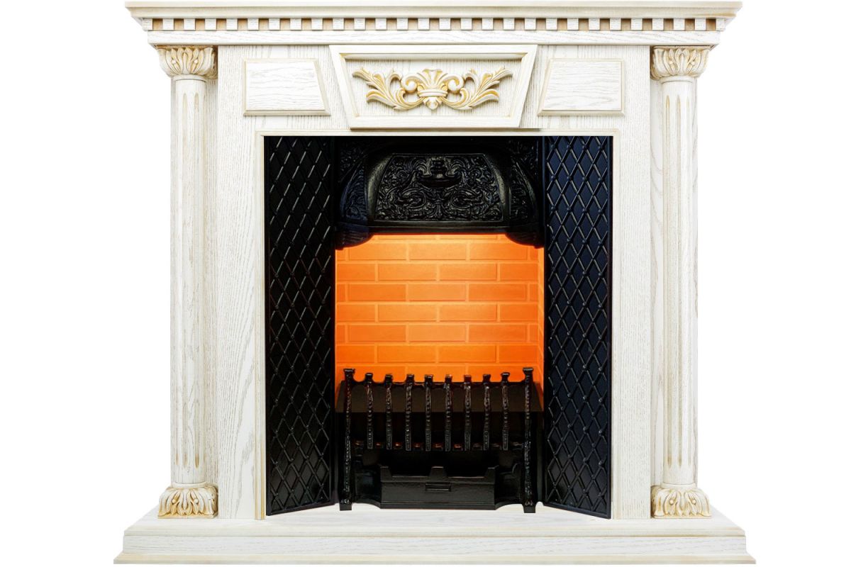 Каминокомплект Olympia - Белый дуб, патина с золотом - Кирпич с очагом Cassette 400 LNH-INT PS (без ,31012k29998