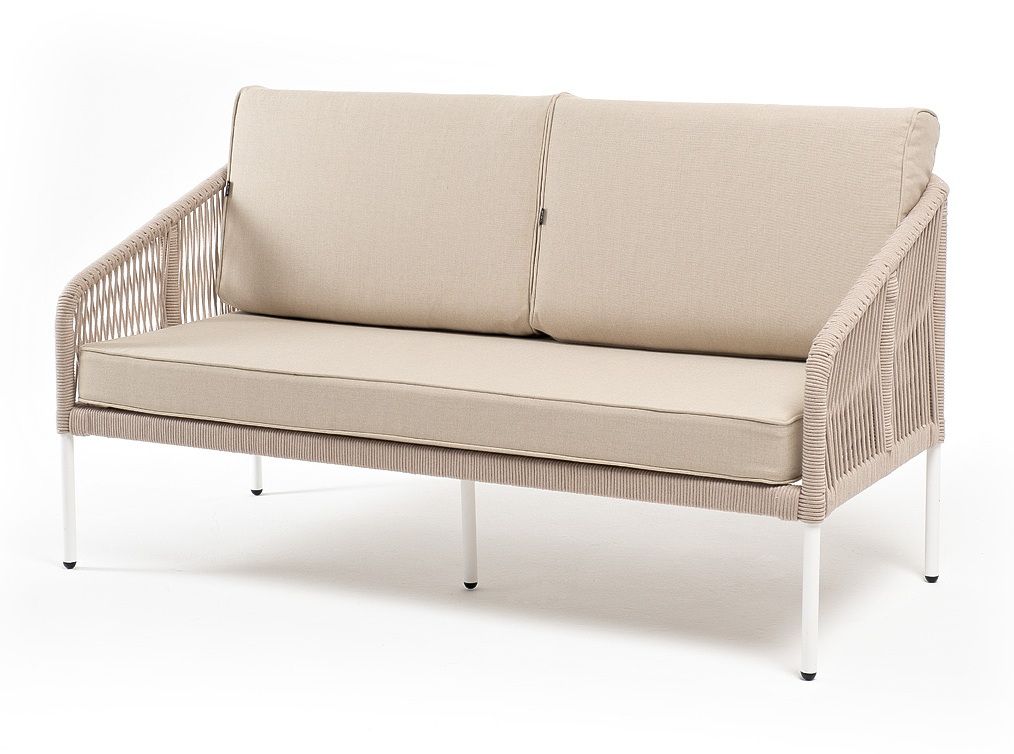 "Канны" диван 2-местный плетеный из роупа, каркас алюминий белый муар, роуп бежевый круглый, ткань б