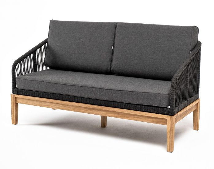 "Канны" диван 2-местный плетеный из роупа, основание дуб, роуп темно-серый круглый, ткань темно-сера