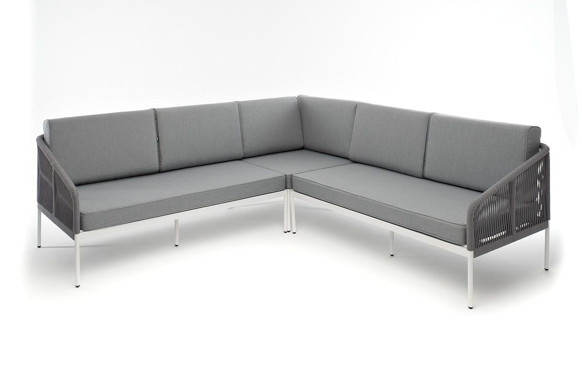 "Канны" диван модульный плетеный из роупа, каркас алюминий белый, роуп светло-серый круглый, ткань с