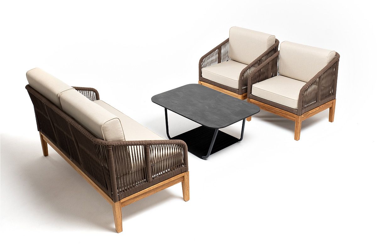 "Канны" лаунж-зона 4-местная из роупа со столом "Гранада" (серый гранит), основание дуб, роуп коричн