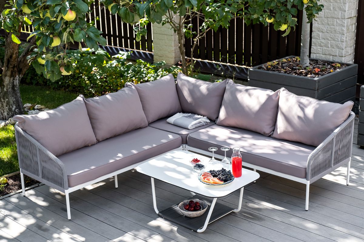 "Канны" модульная угловая лаунж-зона из роупа (веревки) со столом "Диего" (молочный), цвет бежевый